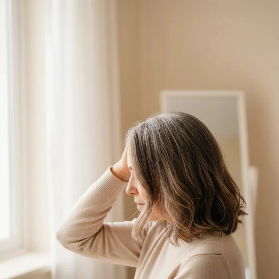 Woman at home dealing with hormonal hair changes